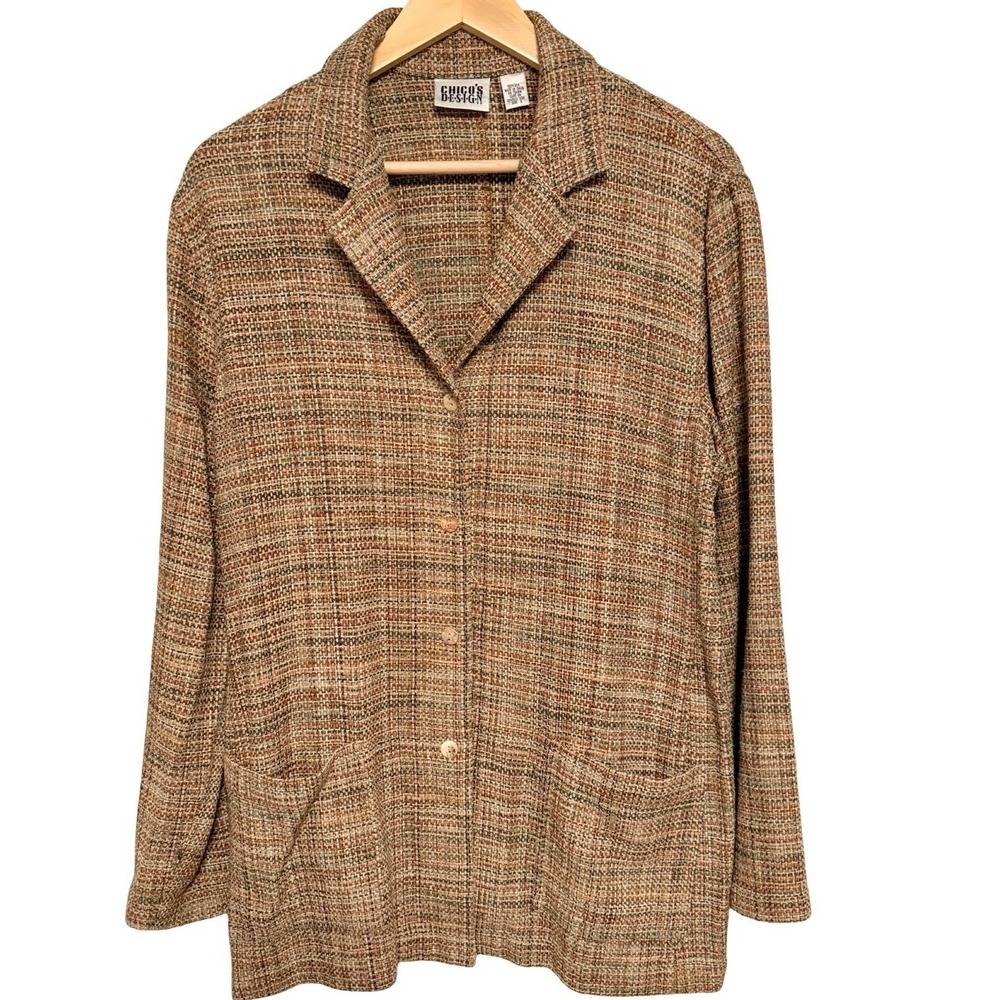 Chico's Design Blazer Size 2 Brown Silk Tweed Textured Cardigan Jacket 100% Silk